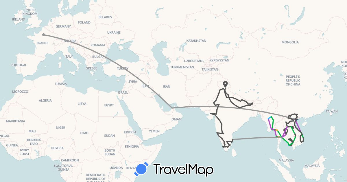 TravelMap itinerary: driving, bus, plane, train, boat, hitchhiking, motorbike in United Arab Emirates, China, France, India, Cambodia, Laos, Myanmar (Burma), Nepal, Thailand, Vietnam (Asia, Europe)